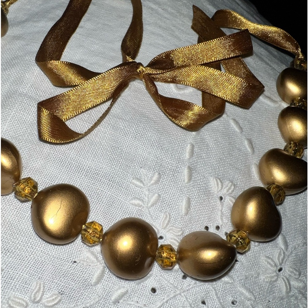 Vintage Gold Tone Bead and Ribbon Long‎ Necklace